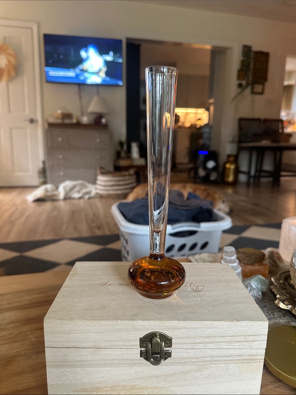 Vintage Amber Glass bubbles  Bud Vase - Clear Stem 8” tall